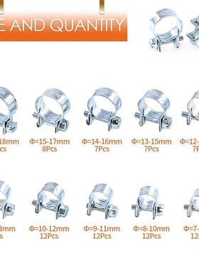 跨境 92PCS 盒装 镀锌双耳抱箍软管夹迷你喉箍金属紧固件套装
