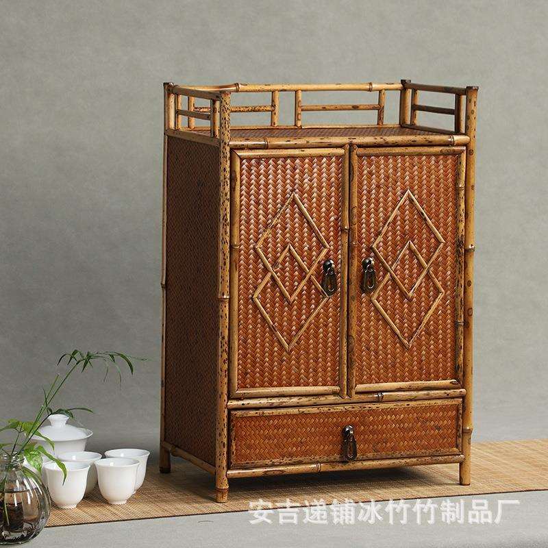 手工竹制博古架 梅鹿竹制茶箱 茶道器具收纳箱 竹茶棚 复古收纳柜