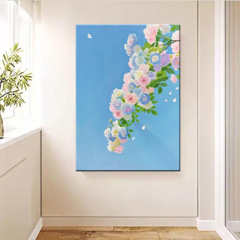 纯手绘油画轻奢花卉卧室床头挂画美式走廊过道肌理画手工装饰画