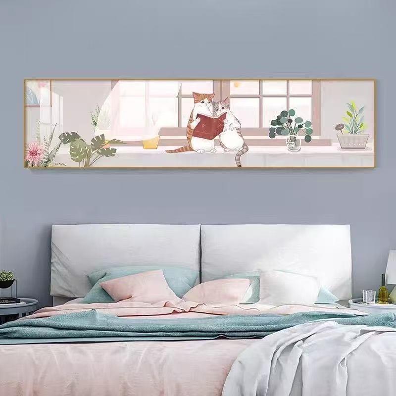 北欧卧室装饰画猫咪温馨创意横幅床头挂画现代简约房间挂布壁画