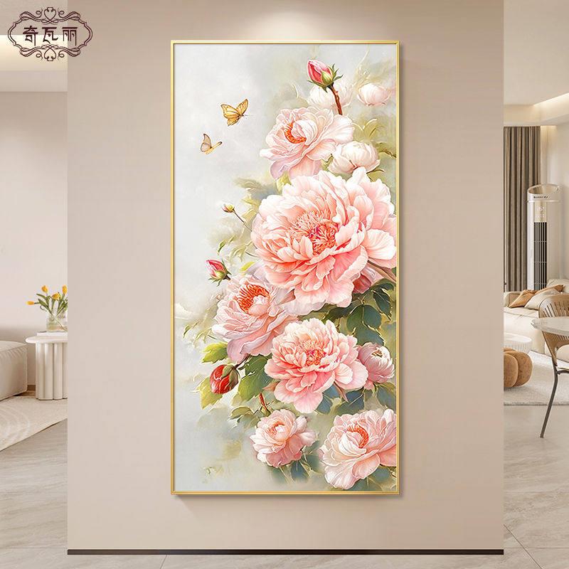 牡丹花手绘油画入户玄关装饰画轻奢级感花开富贵挂画正对门壁画