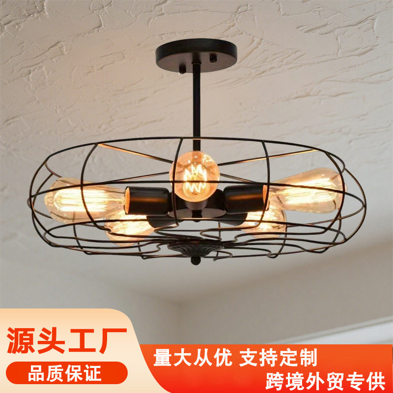跨境复古美式5头工业风铁艺吊灯卧室客厅楼梯厨房主灯中山灯具