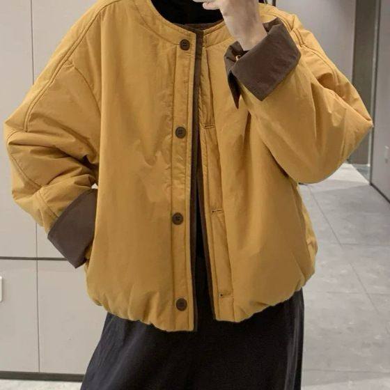 2025秋冬新款圆领短款棉服女小个子时尚百搭休闲保暖黄色米白色