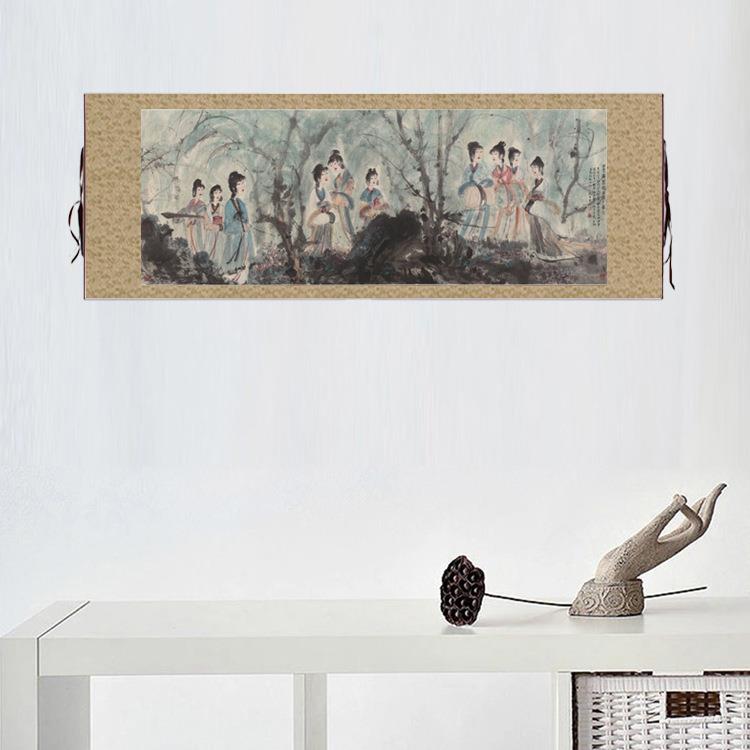 傅抱石游春图卷轴挂画条幅画复制品仕女图国画中式装饰画玄关画
