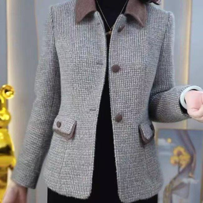 妈妈秋装时尚薄款毛呢外套修身显瘦翻领开衫上衣洋气百搭女装上衣