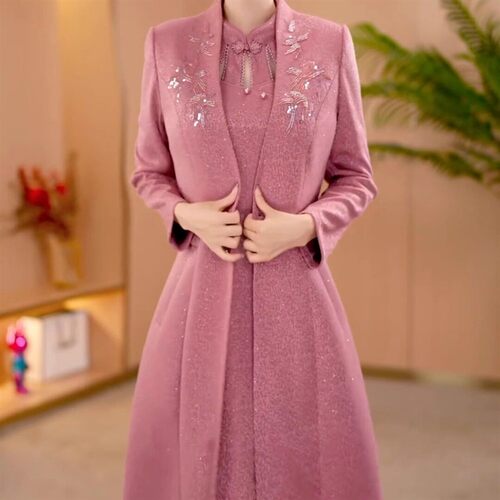 高级提花软金纺外套两件套女2026秋季新款新中式旗袍礼服连衣裙套