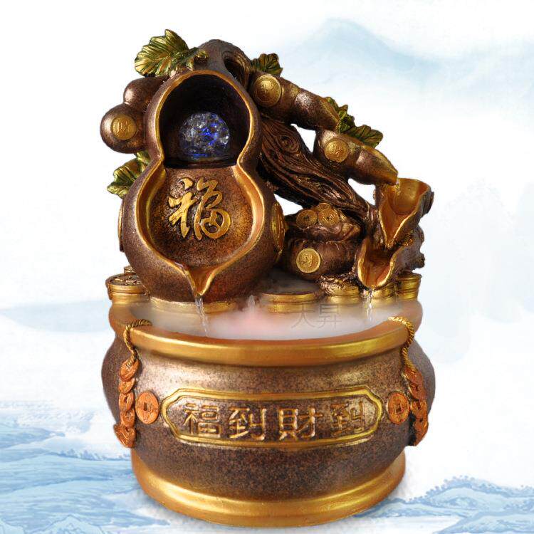 树脂流水加湿器聚宝盆土豪金五福临门葫芦婚庆流水摆件喷泉厂家