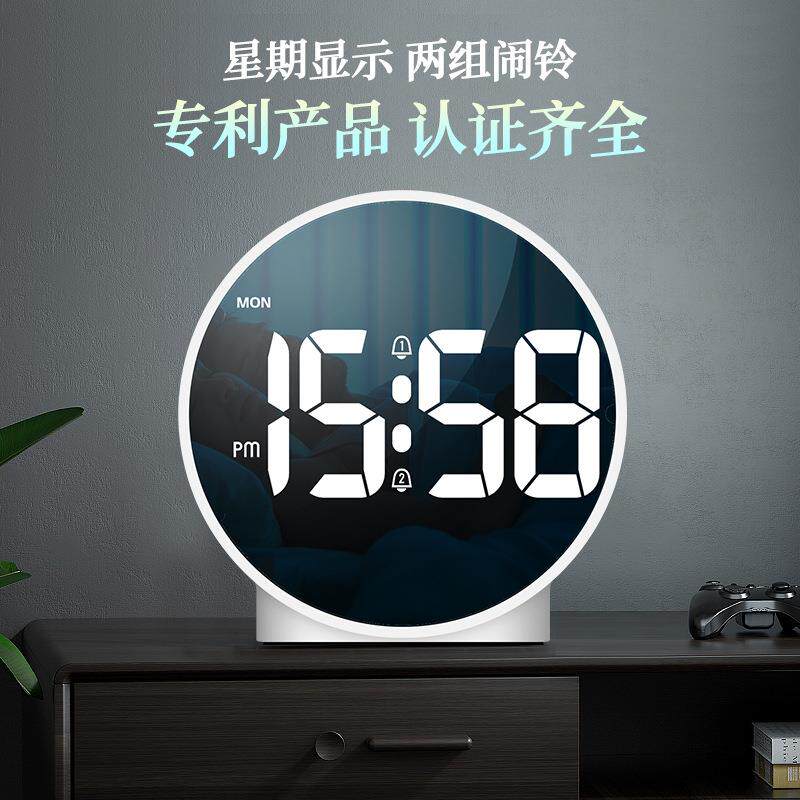 新款LED小闹钟 数字星期迷你电子时钟学生静音圆形插电款外贸厂家