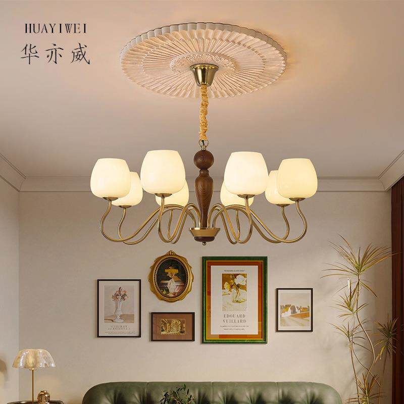法式现代风卧室餐厅现代胡桃色新中式LED吊灯新款实木高级感灯具