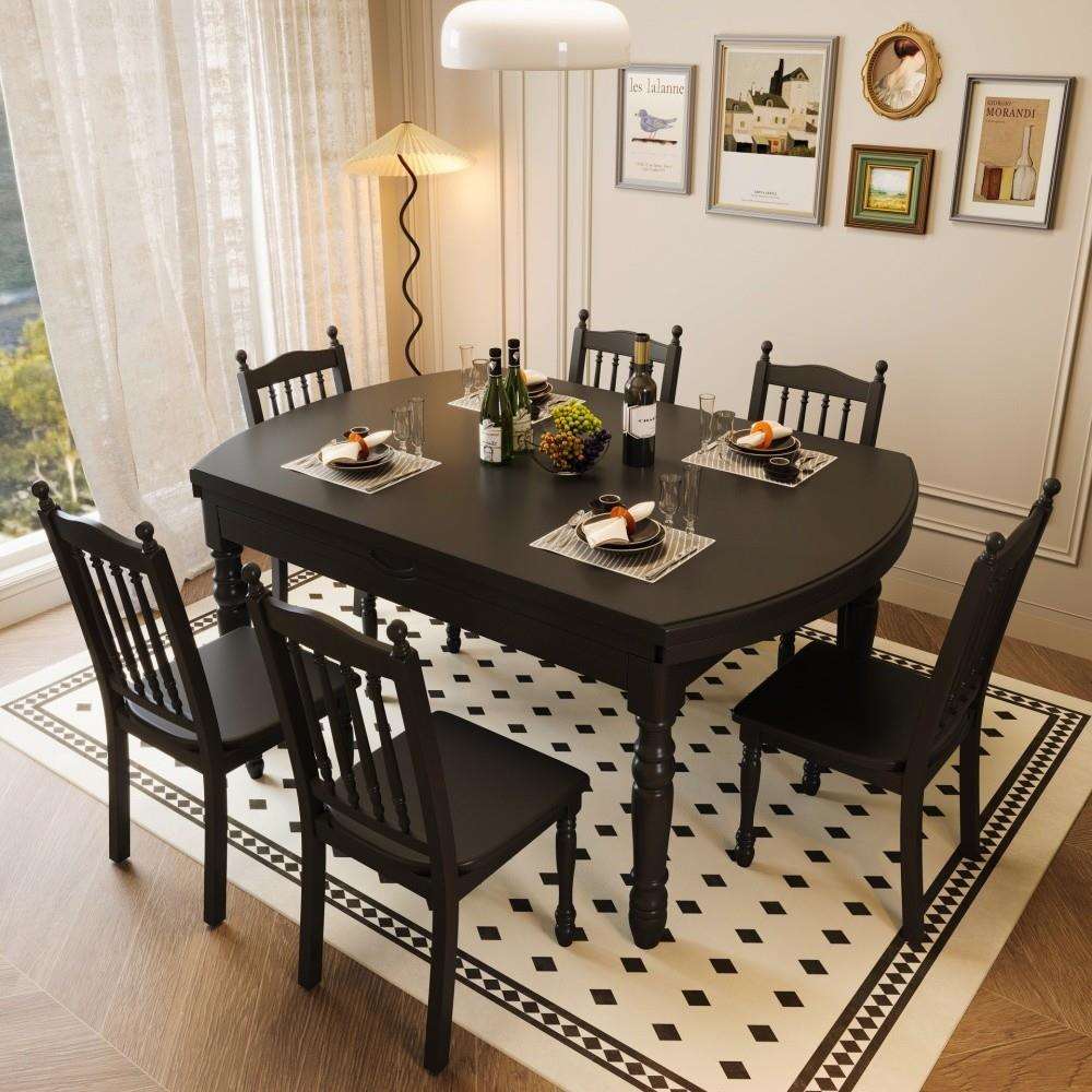 法式复古实木餐桌椅组合美式圆形餐桌长方形可伸缩折叠饭桌典雅黑