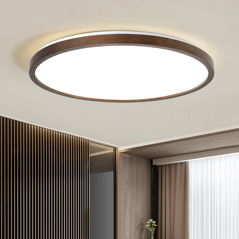 新中式客厅吸顶灯超薄中国风实木C圆形胡桃木色简约卧室房间阳台