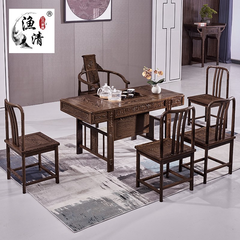 鸡翅木茶桌椅阳台小户型实木红木茶几一桌五椅Q家用功夫泡茶台家