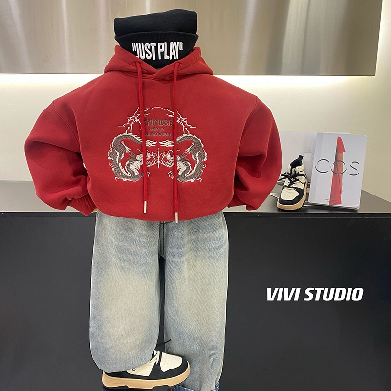 VIVI国潮龙年红色一体绒男童加厚厚棉T2023O冬装中大童连帽加绒外