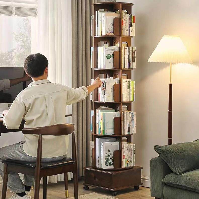 家逸实木旋转书架360度家用书柜客厅简约落地可移动靠墙置物架