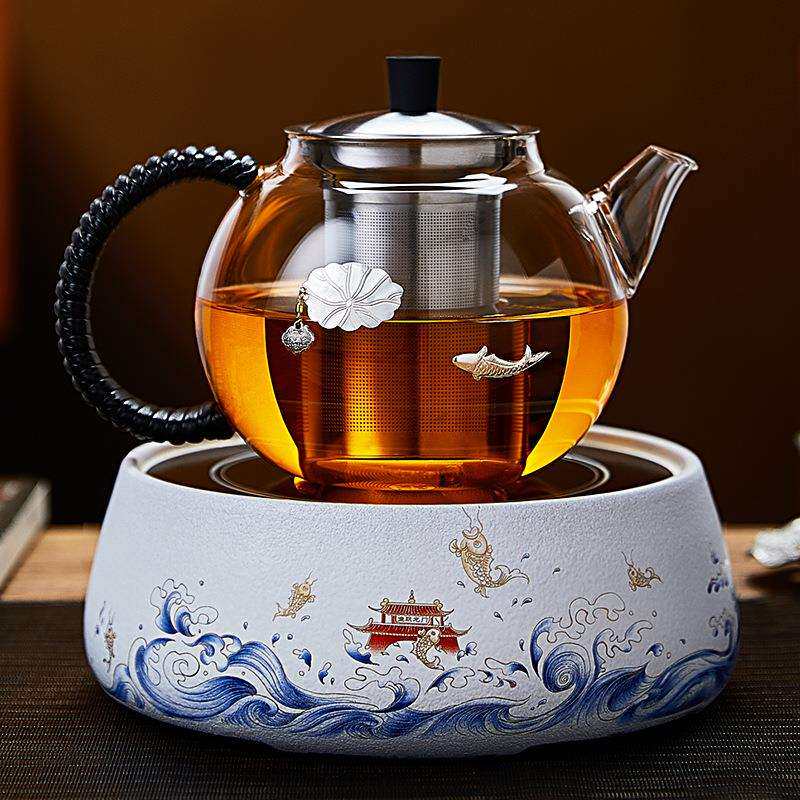 居友家煮茶壶玻璃纯手工镶银煮茶器电陶炉家用套装大小号泡茶壶