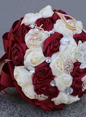 21cm婚礼新娘手捧花 欧式新款缎带仿真新娘手捧花束婚庆用品W373B