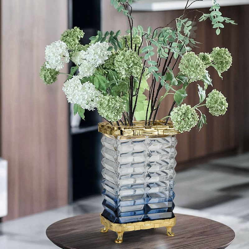 高档水晶玻璃渐变透n明小花瓶高级感摆件轻奢客厅插花古法琉璃水