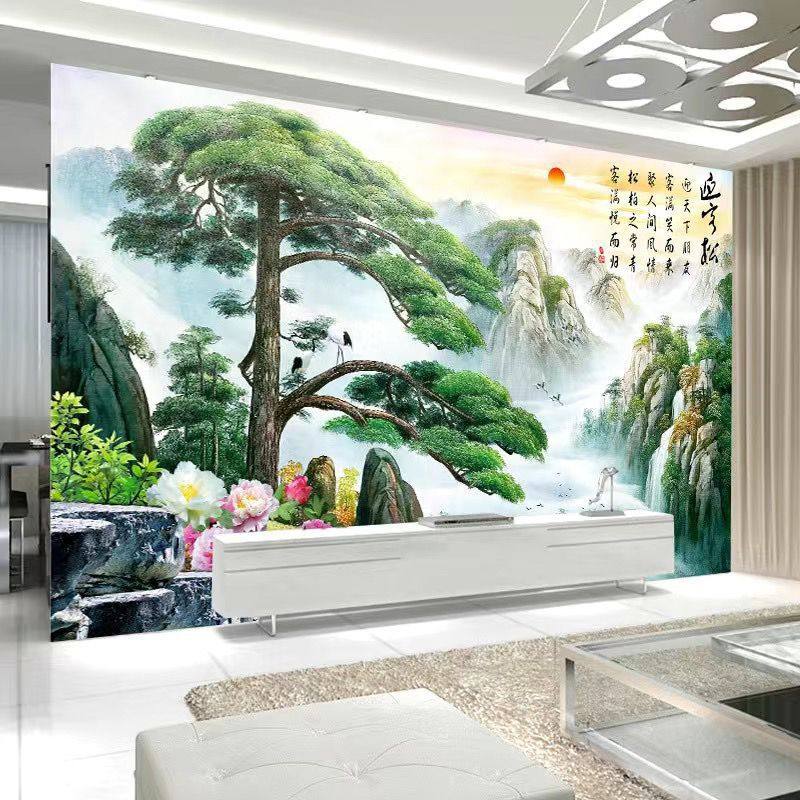 钉制迎客松壁画3d立体客厅电视背景墙画5d中式山水风景画装饰壁布,家装主材,定制壁画,淘宝优惠券,粉丝福利购,淘宝优惠卷