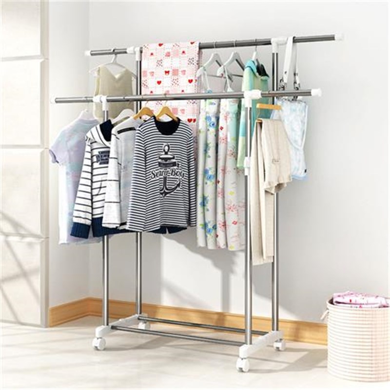 热销厂家挂衣架落地式晾衣架单杆双杆晾衣Q架可移动滚轮室内不