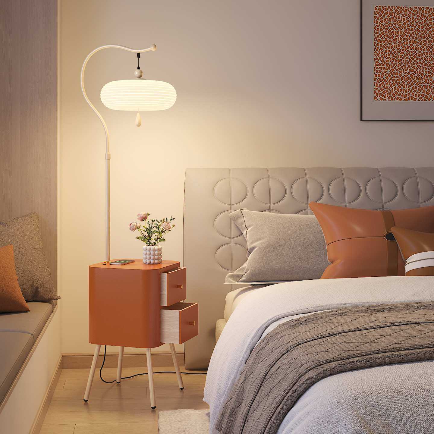 中古落地灯客厅沙发边几美式复古胡桃木色卧室床头置物柜一体台灯