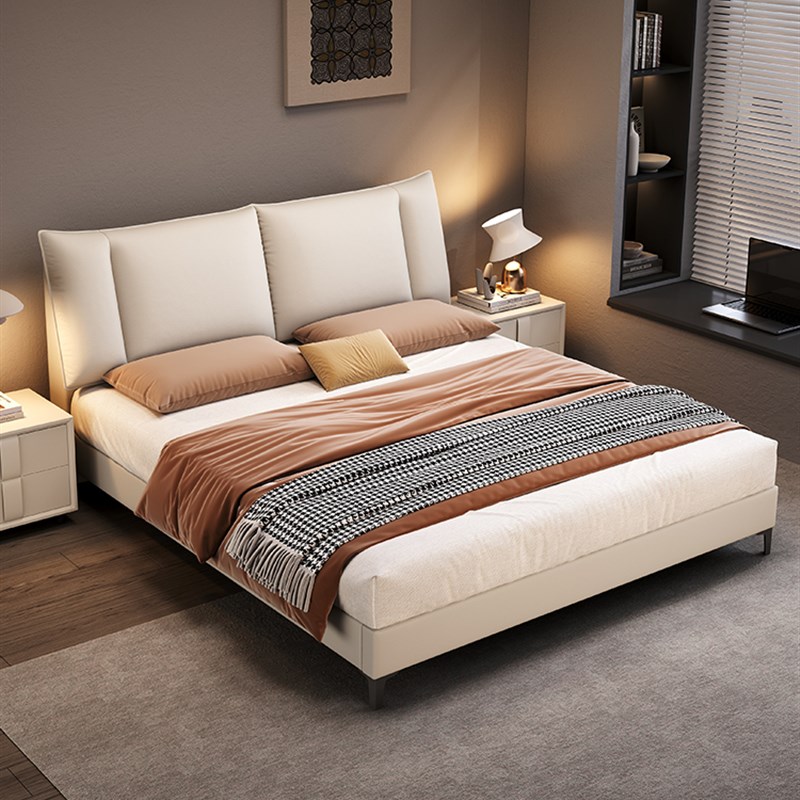 意式极简真皮床主卧高端大气黑色高箱床现代简约双人X储物软包婚