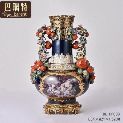 宝蓝色意式陶瓷重工捏花朵花瓶人物花全铜中国风巴瑞特石榴欧式