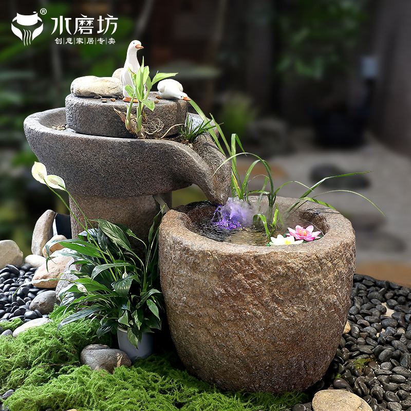 庭院花园布置石磨盘流水鱼池假山造景喷泉阳台循环U水景观落地摆