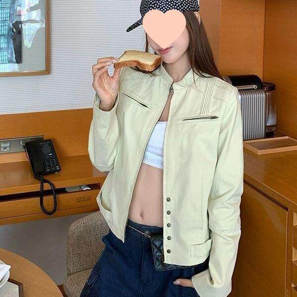 2025秋季新款美式小众设计感修身百搭休闲立领工装机车夹克外套女