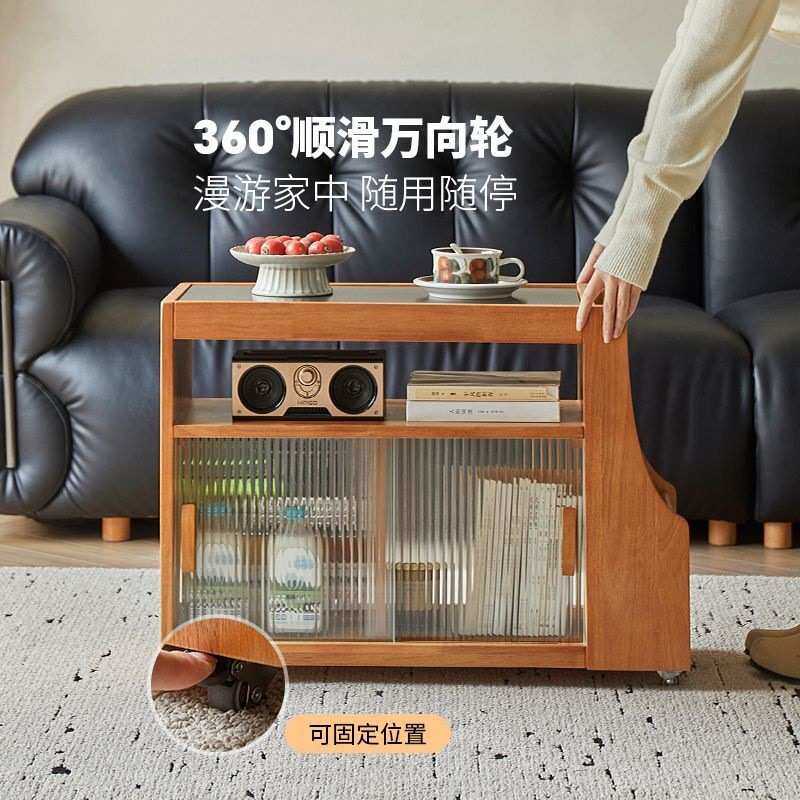 实木边几带轮可移动沙发边柜法式复古客厅收纳置物柜岩板台面茶几