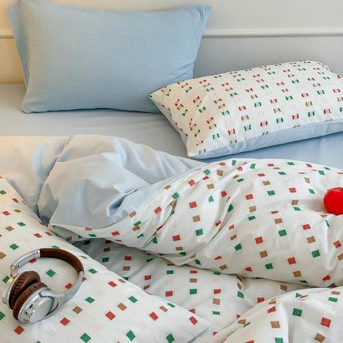 民宿软装格子床上用品全棉色织提花四件套-方糖