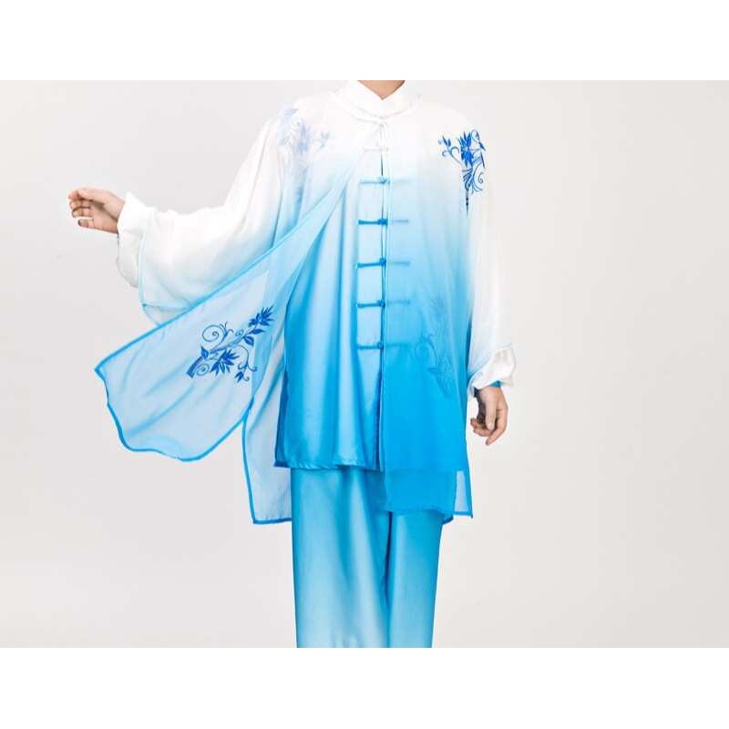 小和山太极服女刺绣青花渐变色披纱三件套武术表演比赛服男练功服