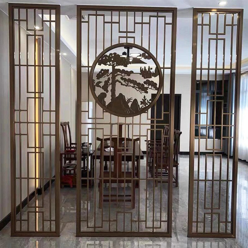 客厅入户金属镂i空花格双面浮雕玄关隔断不锈钢中式迎客松屏风隔