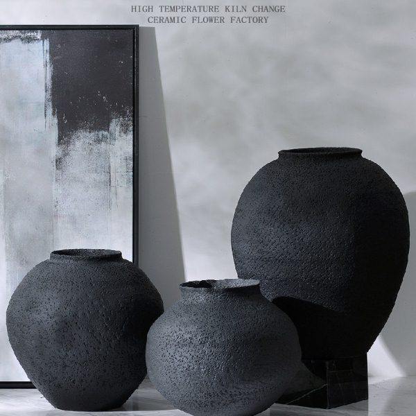 中式复古禅意黑色粗陶陶罐花瓶客厅插花陶瓷摆件酒店样板间装饰品,家居饰品,花瓶,淘宝优惠券,粉丝福利购,淘宝优惠卷