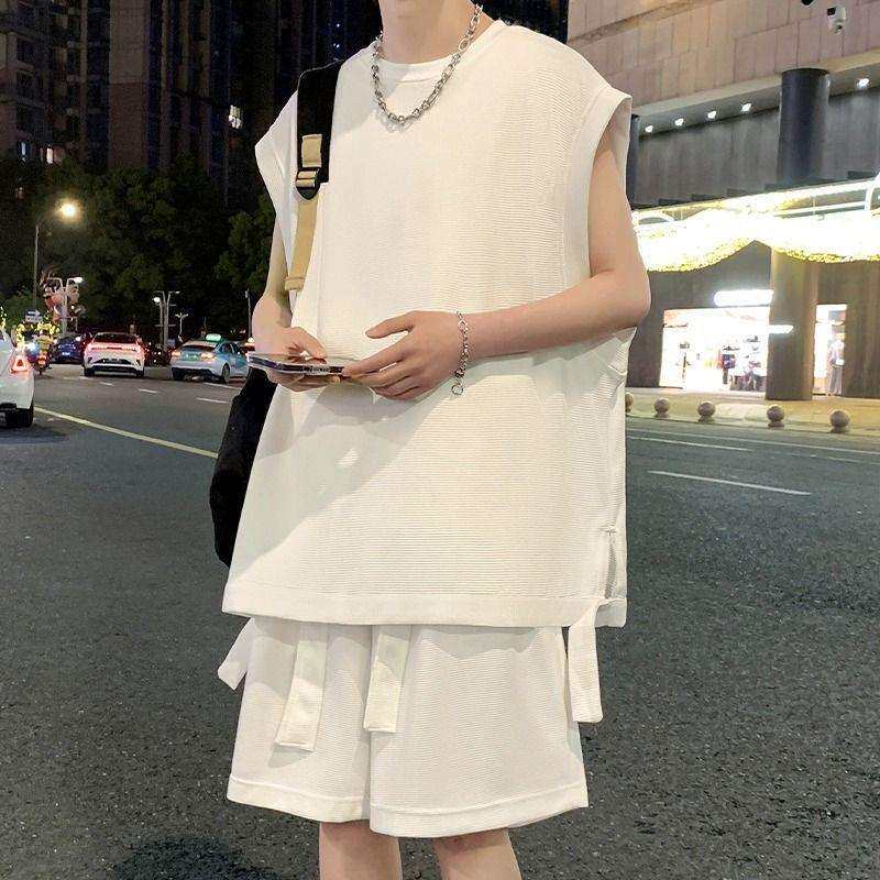 夏季冰丝坎肩背心男穿搭一整套无袖t恤高级感衣服厂家一件起批