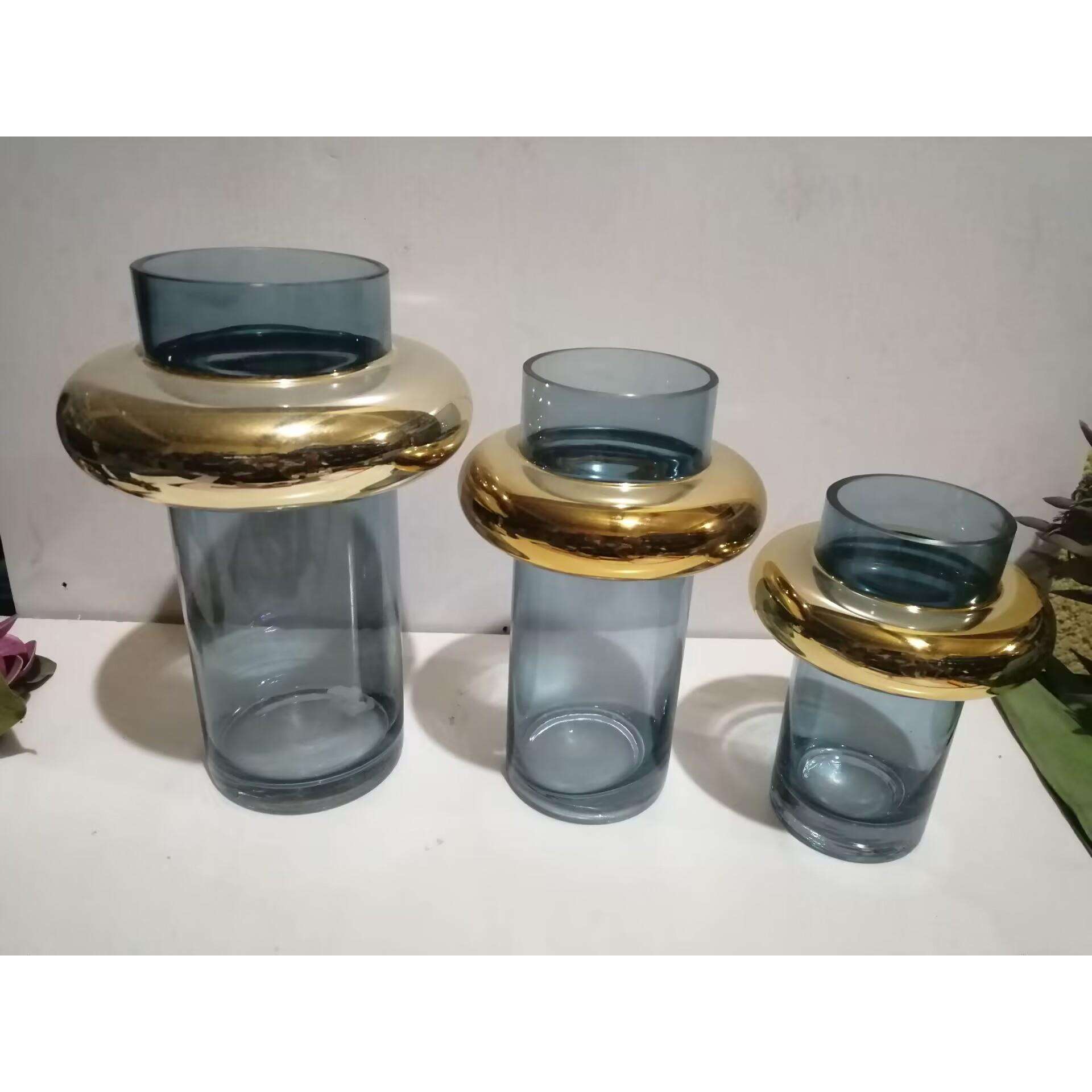 广口玻璃花瓶摆件插花水养天蓝色透明文艺小众设计感插花瓶