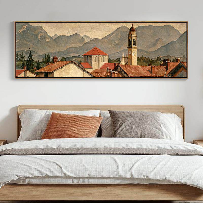 美式复古床头画卧室客厅装饰画简约油画欧式主卧挂画横版风景壁画
