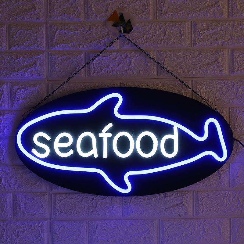 跨境霓虹灯字母造型创意seafood广告招牌装饰海鲜霓虹灯广告灯箱
