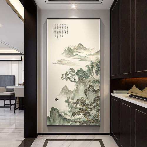 山水水墨画新中式进门玄关聚财挂画玄幻走廊过道装饰画国风壁画