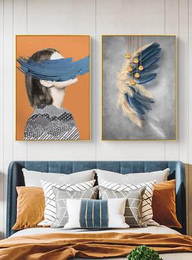 众间现代轻奢装饰画蓝色羽毛抽象人物挂画客厅壁画主卧室床头墙画