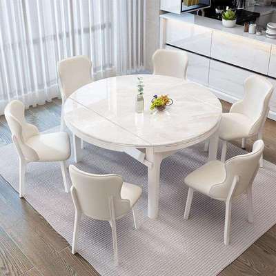 微晶石餐桌天然大理石可伸缩变圆桌轻奢高端现代简约家用实木饭桌