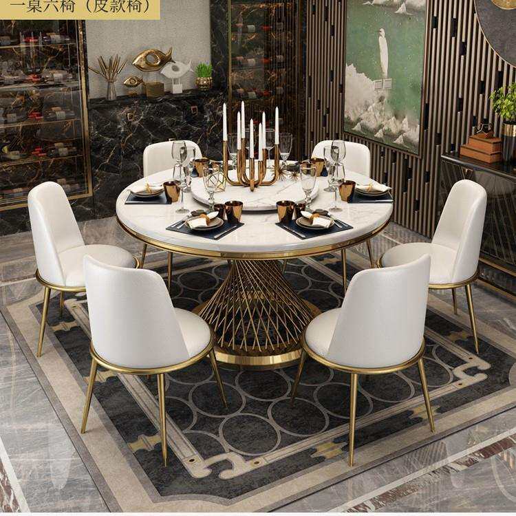 轻奢大理石餐桌现代简约圆桌椅组合6-10人位饭桌家用小户型带转盘