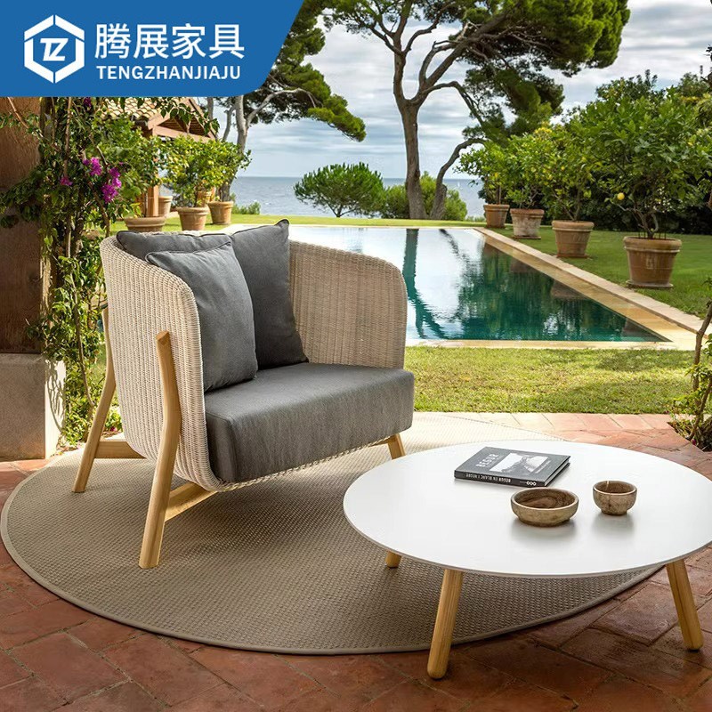 别墅庭院家具g阳台露台室外柚木藤编白色户外沙发民宿藤制沙发椅