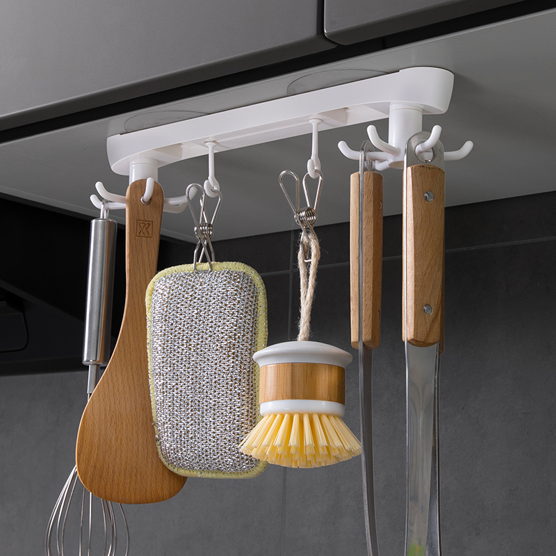 厨房多功能勺子锅铲收纳架挂架旋转挂钩壁挂式免打V孔厨具架置物