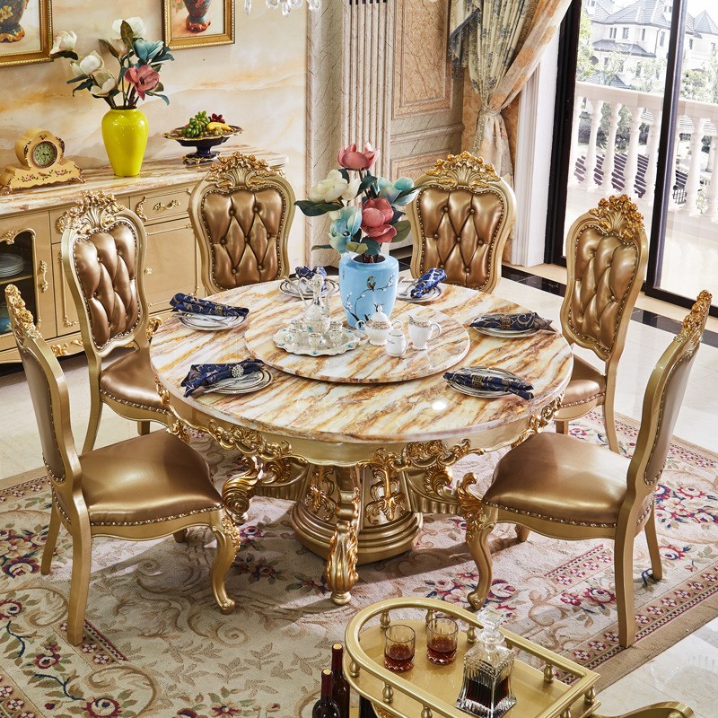 欧式大理石餐桌椅组合8-10人奢华别墅实木圆形大餐台带Z转盘吃饭