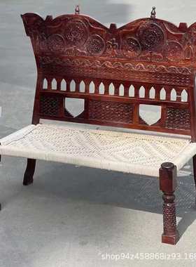 中古印度Pida椅高靠背实木雕花编织手工古董沙发椅子复古绳编椅子