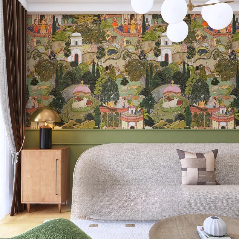 法式南洋风覆古卧室背p景墙纸斋浦尔花园壁纸客厅玄关墙布定制壁