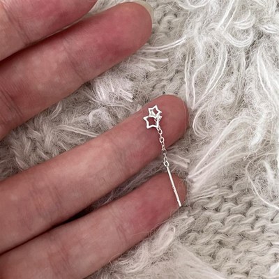 S999足银星星流n苏耳线女养耳洞免摘耳钉短款耳链新款清冷感免摘