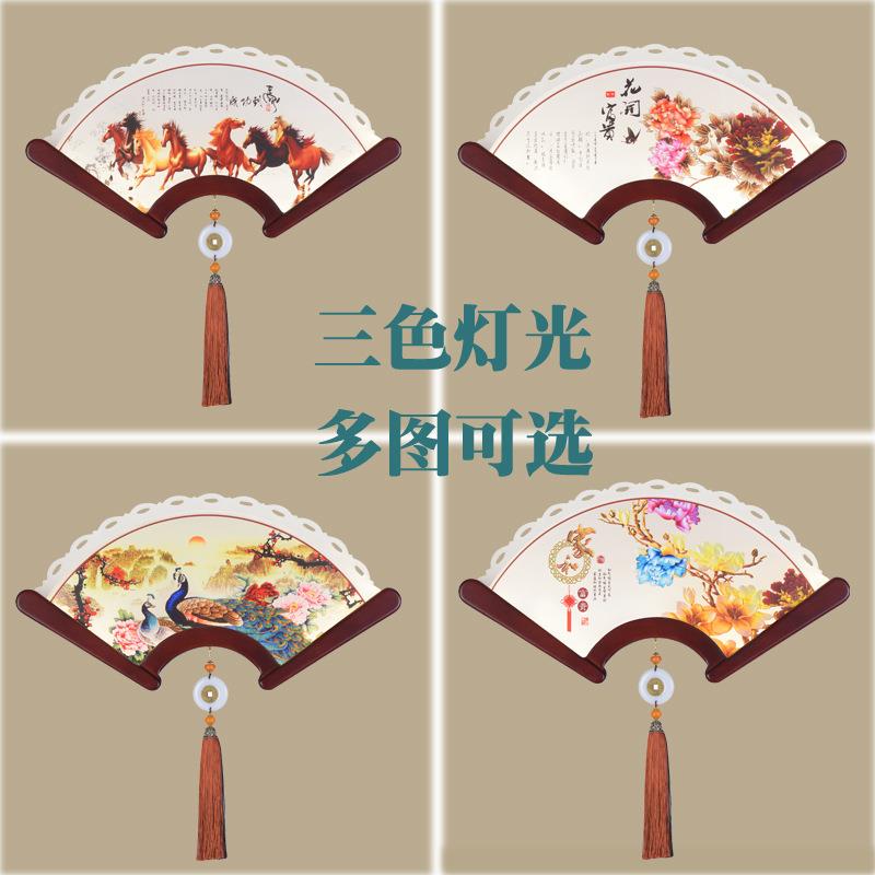 新中式壁灯扇形装饰实木扇子灯客厅过道楼梯卧室酒店LED墙壁画灯
