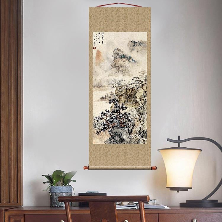 朱梅邨烟岚山景山水画挂轴条幅卷轴名画复制品字画书房玄关挂画