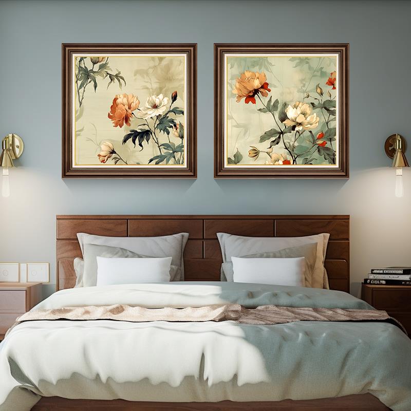 美式卧室装饰画主卧房间床头画法式复古客厅两联壁画手绘花卉挂画